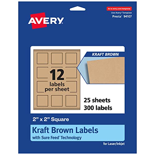 Avery Kraft Brown Square Labels, Sure Feed Technology, 2" x 2", 300 Kraft Brown Labels, Print-to-The-Edge, Laser/Inkjet Printable