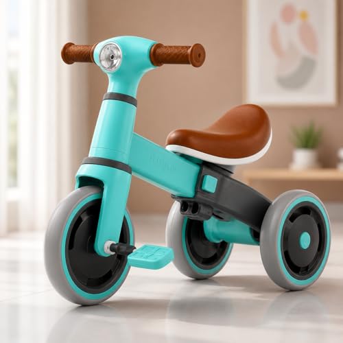 Image of 3-in-1 Toddler Tricycle & Balance Bike for Toddlers 1-3 Years, Easy-Assemble Baby Trike with Silent Wheels, Sturdy Safe Frame, Indoor & Outdoor Ride-On Bicycle for Boys & Girls (Cyan)