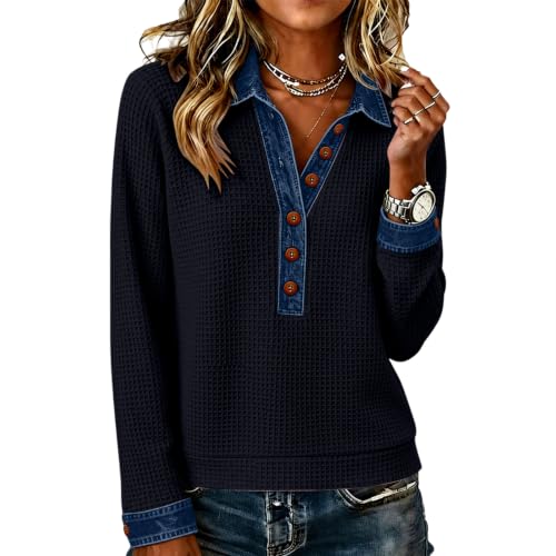 Waffle Knit Shirts for Women Henley Neck Contrast Denim Patchwork Shirt - image 1