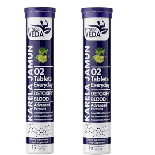 Image of FITNESS VEDA Karela Jamun Effervescent Tablets - Ayurvedic Formula for Blood Sugar Control - Supports Digestion, Glucose Metabolism & Heart Health - Pack of 2 (15x2) Tablets | Fizz & Drink