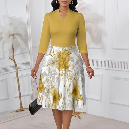 Womens 3/4 Sleeve Midi Dresses Floral Contrasting Color V Neck A Line Dress Elegant Fall Dresses with Pockets S-3XL3