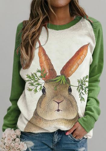 Image of Women's Easter Basic Sweatshirt Crew Neck Long Sleeve Sweatshirt Casual Loose Sweatshirt with Rabbit Print