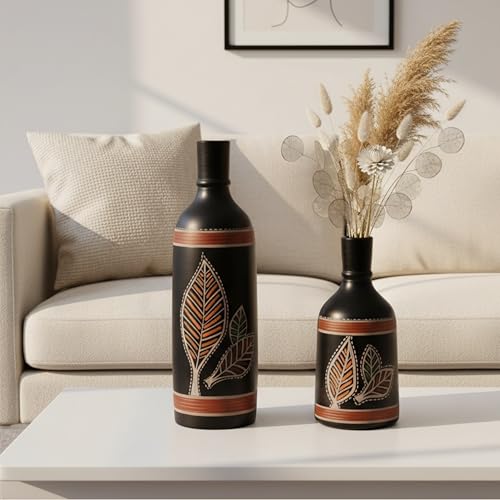 Image of Aakriti Art Creations Vase Earthen Black Bottle Madhubani Set of 2 | Floral Art Hand-Painted Terracotta Flower Vases | Matte Finish Decorative Vases for Living Room, Table Decor & Gifting