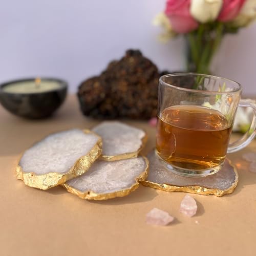 Image of Natural Agate Stone Tea Coasters Set | Premium Stone Coasters for Tea, Coffee & Glass | Heat Resistant Coasters for Dining Table, Office Desk & Home Decor | Pack of 4 | Color -White
