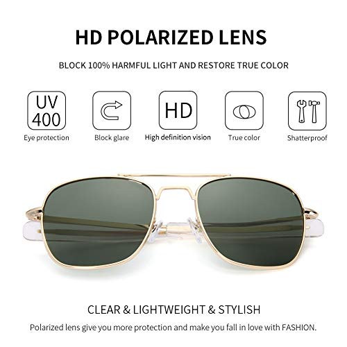 IOHLNG Mens Aviator Sunglasses Polarized 55mm Pilot Military Square Shades with Bayonet Temples3
