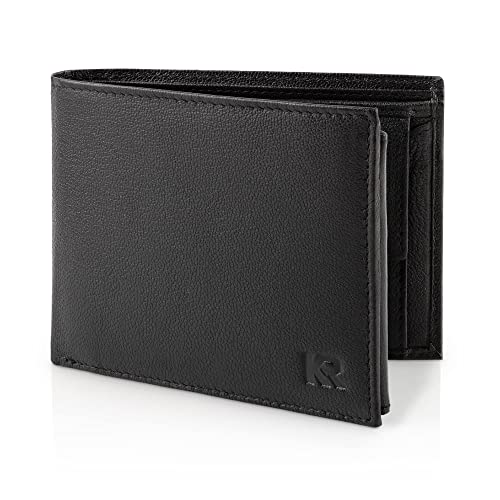 KRONIFY Helios Herren Geldbörse aus Leder mit RFID Schutz I Geldbeutel im Querformat I Portmonnaie mit Münzfach I Portmonee mit Platz für 13 Karten I (12,5x10,5x2cm) I Schwarz I Geschenk