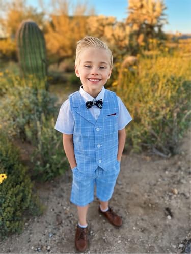 Image of LOLANTA Boys 4PCs Summer Suits, Short Suit Set for Wedding Ring Bearer Outfits Dress Clothes Vest Shirt Shorts Bow Tie