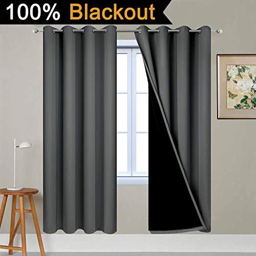 Image of Yakamok 100% Blackout Curtains 72 Inches Long, 2 Thick Layers Thermal Insulated Window Treatment for Bedroom, Heat and Full Light Blocking Drapes with Black Liner (52Wx72L,Dark Grey,2 Panels)