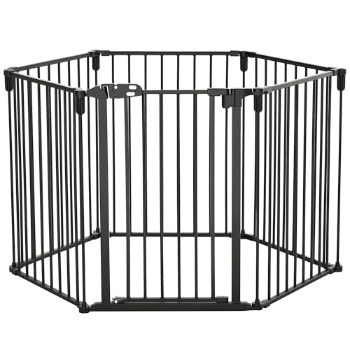 PawHut Cancelletto di Sicurezza Pieghevole 6 Sezioni, Cancellino Barriera per Cani in Acciaio, Sistema di Blocco e Chiusura Automatica, Nero