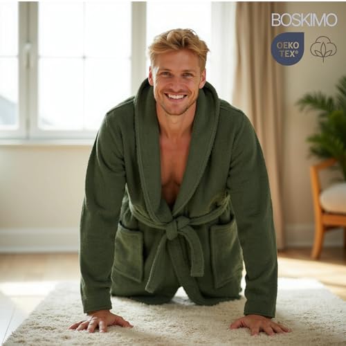 BOSKIMO Bademantel, Unisex, 100 % Baumwolle, Oeko-Tex, Bademantel für Damen und Herren, amerikanischer Frottee, 420 g/m², weich und sehr saugfähig, khaki-grün, S