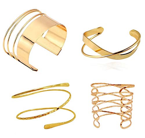 Pingyongchang 4 Pcs Cuff Bangle Bracelets Set Smooth Open Wide Wire Bracelets Gold Silver Hollow Wrist Cuff Wrap Bracelet Charm Grooved Adjustable Armband Bracelets Jewelry Set for Women Girls