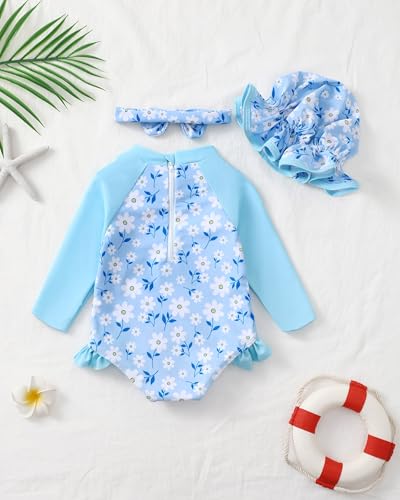 Image of SODLON Baby Girl Swimsuit Long Sleeve One-Piece Infant Bathing Suit 3M-3T