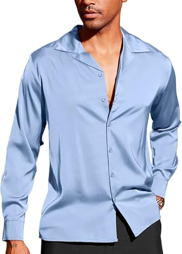 Image of CB-COLEBROOK Men Luxury Satin Silk Dress Shirt - Long Sleeve, Satin, Shiny Button Down, Prom, Wedding Party Shirt