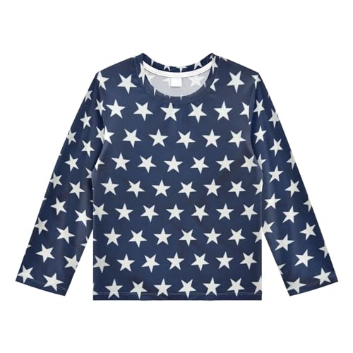 Aflyko 4th of July Boys' Rash Guard Shirts Patriotic Navy White Star Long Sleeve Rashguard UPF 50+ UV Sun Protection Swim Shirt Beach Lake Pool Trip Hawaii Tops 11-12T