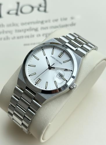 Image of AMERICANVIBER Men's Silver Stainless Steel Watch, Vibrant Green Sunburst Dial, Quartz Analog Movement, Date Display, Faceted Bezel for Men
