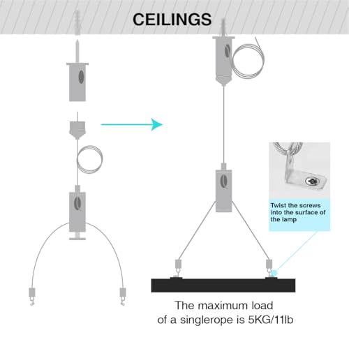 Image of 10 Set / 20 pcs Lighting Light Suspension Kit, 5ft Adjustable Luminaire Hanging Wire, 2ft Not Adjustable Steel Cable for Commercial Aquarium LED Panel Light LED Shop Lights Aquarium Lights