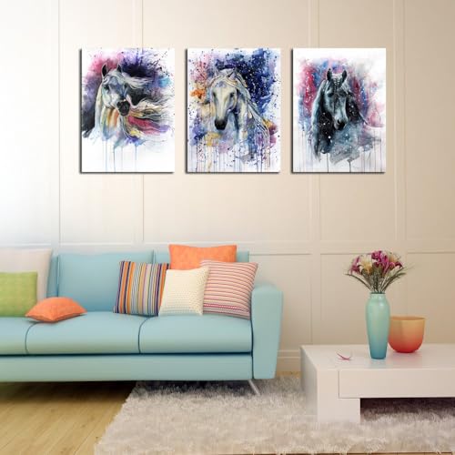 DZL Art D70246 Canvas Wall Art Horse Animal Painting Prints on Canvas Framed Ready to Hang-3 Panels Watercolor Horses Prints Fine Art for Home Wall Decor