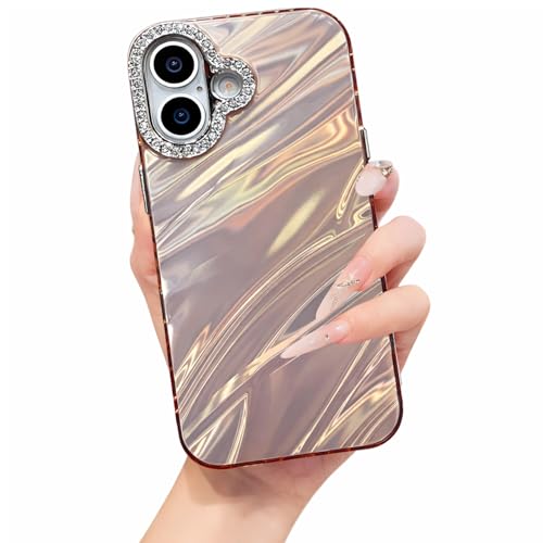 Image of DIZORO Compatible with iPhone 17 Case | Marble Glossy Hard PC Back Cover with Diamond Camera Protector | Ultra Stylish Shockproof Back Cover Case for Girls Women-Pink