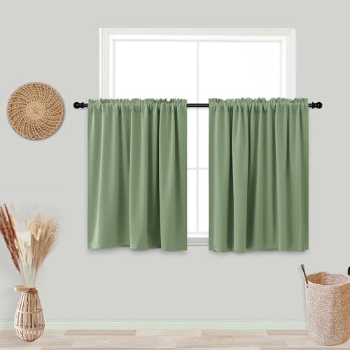 Image of KOUFALL Sage Green Curtains 24 Inch Length for Bathroom Window 2 Pack Rod Pocket Room Darkening Cafe Curtain Tiers Blackout Light Green Short Curtains for Small Windows 34 by 24 in Long