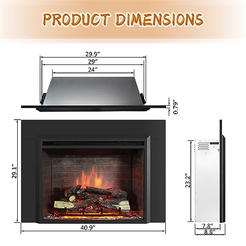 Image of PuraFlame Western 30 inch Electric Fireplace Insert with Trim Kit, Fire Crackling Sound, Resin Log, Remote Control, 750 /1500W Heater, Black