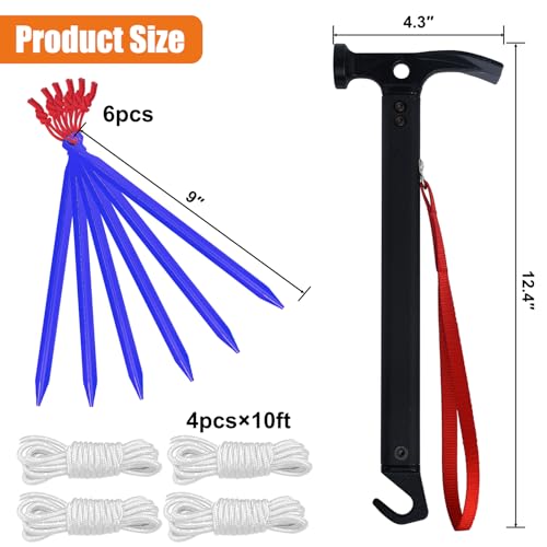 Image of Eurmax USA Hiking Camping Tent Stakes and Hammer Set Lightweight Multi-Function Tent Hammer with Tent Stake Remover,Tent Pegs for Camping, Hiking, Backpacking, Gardening(Blue Stakes)