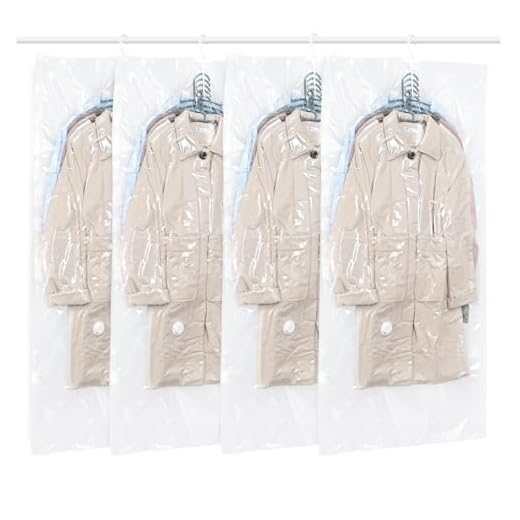 QH7 - Sacchetti sottovuoto da appendere, 4 pezzi, salvaspazio, per vestiti, abiti, cappotti o giacche, trasparenti e riutilizzabili, organizer per armadio (4 lunghi 145 x 70 cm)