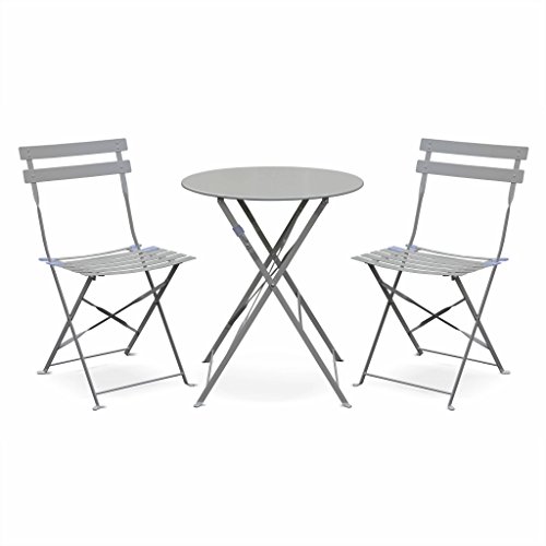 Alice's Garden - Salon de Jardin bistrot Pliable - Emilia Rond Gris Taupe - Table Ø60cm avec Deux chaises Pliantes. Acier thermolaqué