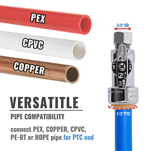 Sungator Straight Shut Off, 12-Pack Push Fit Water Stop Valve 1/2" Ptc X 3/8" Compression With Disconnect Clip, Push-To-Connect, Pex, Copper, Cpvc, Pe-Rt, 1/4 Turn On/Off, No Lead Brass #TOP3