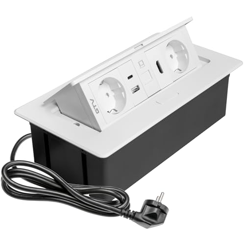 Enchufe empotrable retráctil blanco con Schuko y conexiones multimedia para mesas de reunión 3