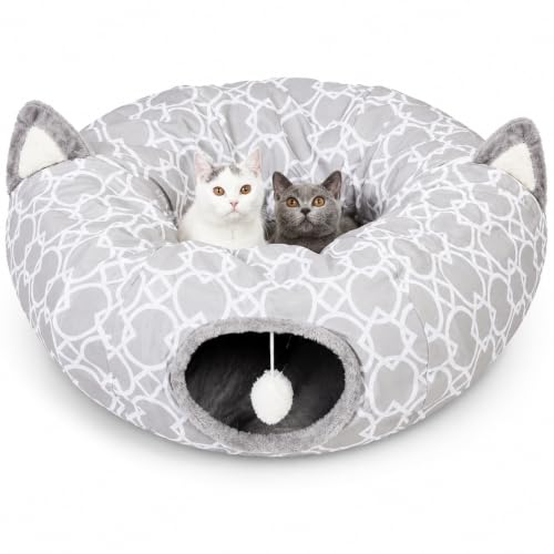 Image of Geometric Cat Tunnel Bed Under Christmas Tree Oxford Outside with Plush Inside,Cats Toys Collapsible Tunnel Tube with Balls, for Rabbits, Kittens, Ferrets,Puppy 3FT