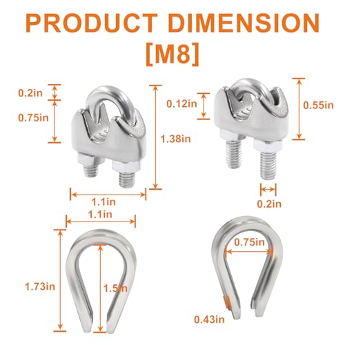 Litoexpe GAOC1279 8Pcs 5/16 Inch M8 Wire Rope Clamps & 6Pcs M8 Wire Rope Thimble thumb #1