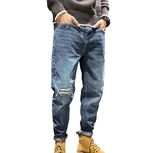 Men's Ripped Jeans Loose Fit Denim Pants Harem Pants Carrot Style Trousers Mid Waist Casual Destroyed Blue Jeans Tapered Distressed Jean Trousers Blue 38W