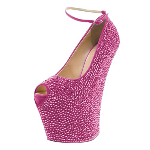 FSJ Women Embellished Rhinestone Wedges Heel Pumps Covered Platform High Heel Peep Toe Ankle Strap Dress Shoes for Wedding Daily Life Size 4-16 US