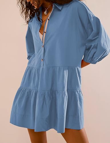Image of HangNiFang Women's Summer Babydoll Mini Dress Flowy Puff Sleeve Tiered Button Down Oversized Tunic Dress with Pockets