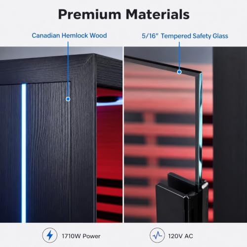 Image of 2 Person Low EMF Infrared Sauna with 9 Heating Panels for Home | 12 inch*12 inch Red Light Therapy, 120V - 2030W Indoor Dry Sauna, Bluetooth Speakers & Ambient Lighting, Canadian Hemlock
