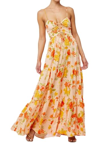 Image of Womens Summer Floral Spaghetti Strap Backless Low Cut Smocked Milkmaid Flowy Beach Sundresses