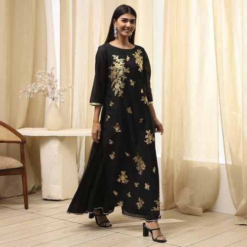 Image of Biba Women's Poly Chanderi 3 /4 Sleeves Calf Length Round Neck A-Line Casual Dress