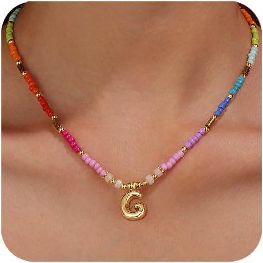 Colorful Beaded Initial Necklaces for Women 14K Gold Plated Cute Bubble Letter Beads Necklace Summer Rainbow Boho Choker Necklace Dainty Trendy Jewelry for Her