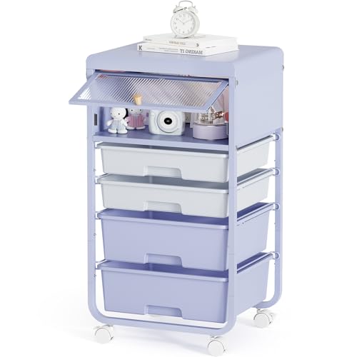 SYKIARIOL Utility-Rolling-Storage-Drawer-Craft-Cart-Organizers with 4 Drawers & Dust-Proof Door for Kid Craft Art Room,Bedroom,Home Office, Lavender Purple
