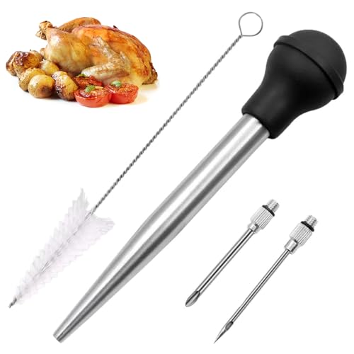 Siringa Alimentare in Acciaio Inossidabile 304 2-in-1, per Tacchino Arrosto con 2 Aghi Staccabili e Bulbo Silicone Termoresistente 230°C, Siringhe da Cucina