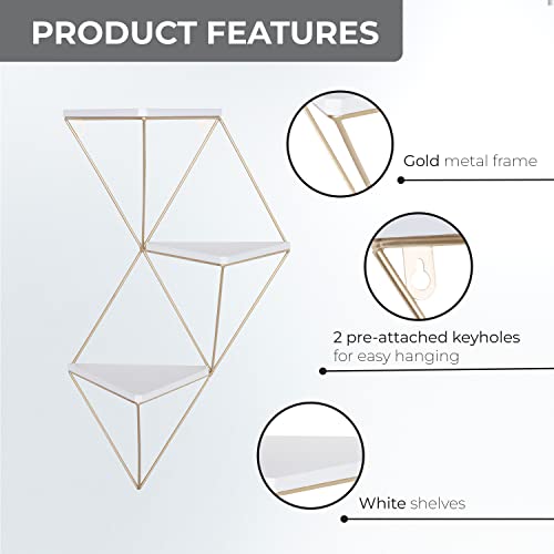Sheffield Home 15.5X27.5 Inch Decorative Geometric Triangular Metal And Wood Floating Shelf, Gold And White #TOP3