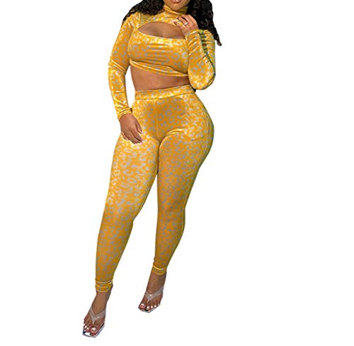 Ophestin Women's Leopard Print 2 Piece Velvet Outfits Sets Long Sleeve Hollow Out Crop Tops Skinny Leggings Yellow