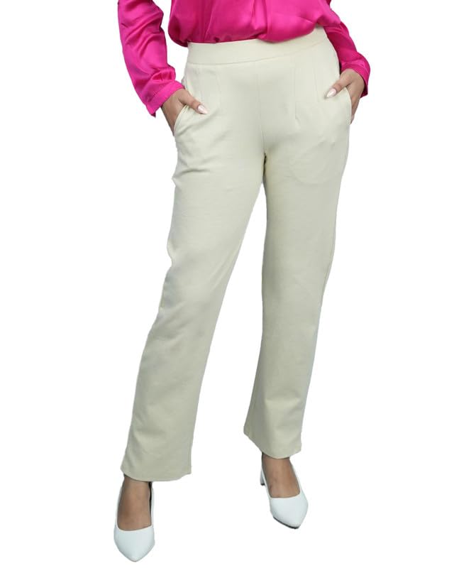 Image of Mlada Straight Fit Cigarette Pencil Pants Elastic Waist Band Mid High Waist Formal Office Trousers for Women, Pockets for Travel Stretch Cotton Knit Full Length Regular /Plus Size