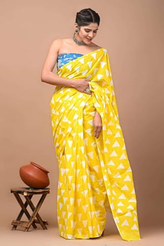 Image of Hand Block Printed Cotton Mulmul Saree | Soft Lightweight Summer Saree | Pure Cotton Traditional Indian Saree for Women