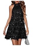 OYOANGLE Women's Sequin Sparkly Cocktail Party Dress Glitter Sleeveless Halter Mini Dress Outfits Clubwear Black M