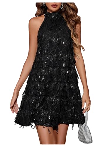 OYOANGLE Women's Sequin Sparkly Cocktail Party Dress Glitter Sleeveless Halter Mini Dress Outfits Clubwear Black L