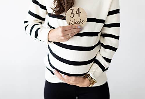 Image of Kate & Milo Weekly Pregnancy Milestone Marker Discs - Classic Cursive Script Wooden Discs With Reversible Photo Props for Baby Announcement and Milestones, Gender-Neutral Gift