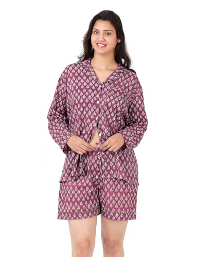 Image of Huar Women Pajama Set, 4 pcs Button Down Vacation Beach Cotton Set, Lounge wear PJ Set For Birthday