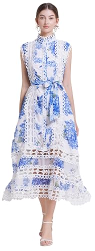 Image of LAI MENG FIVE CATS Women's Sleeveless Hollow Out Lace Button Up Casual Midi Party Dress with Belt