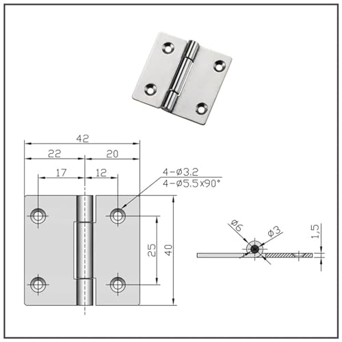 Charnière asymétrique inox pour trappe industrielle et fixation 4 trous 40x42mm